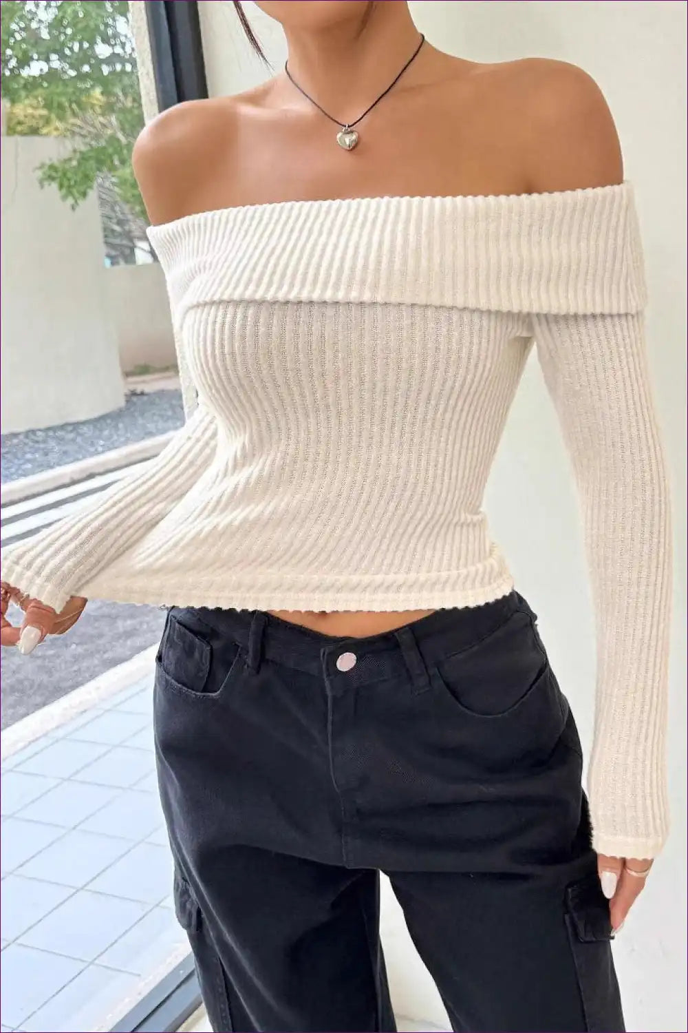 Off-shoulder Ribbed Knit Top - Effortless Everyday Chic for Autumn, Casual, Crop, Everyday,