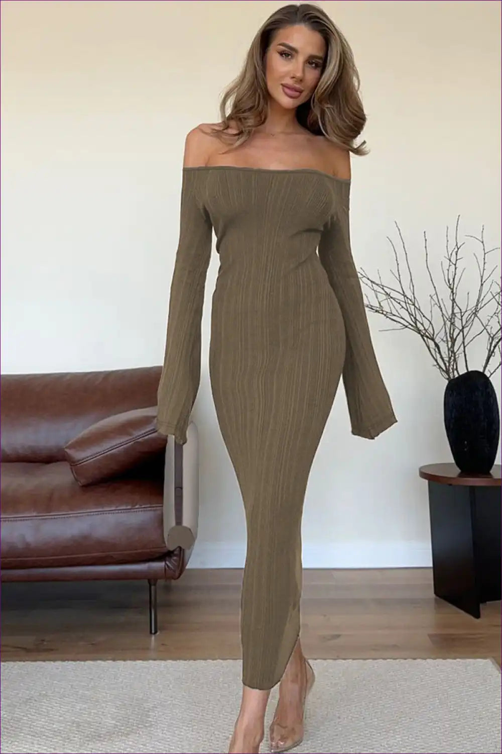 Off Shoulder Ribbed Maxi Dress - Sleek Autumn Evenings for Autumn, Bodycon, Casual, Dresses, Evening Wear