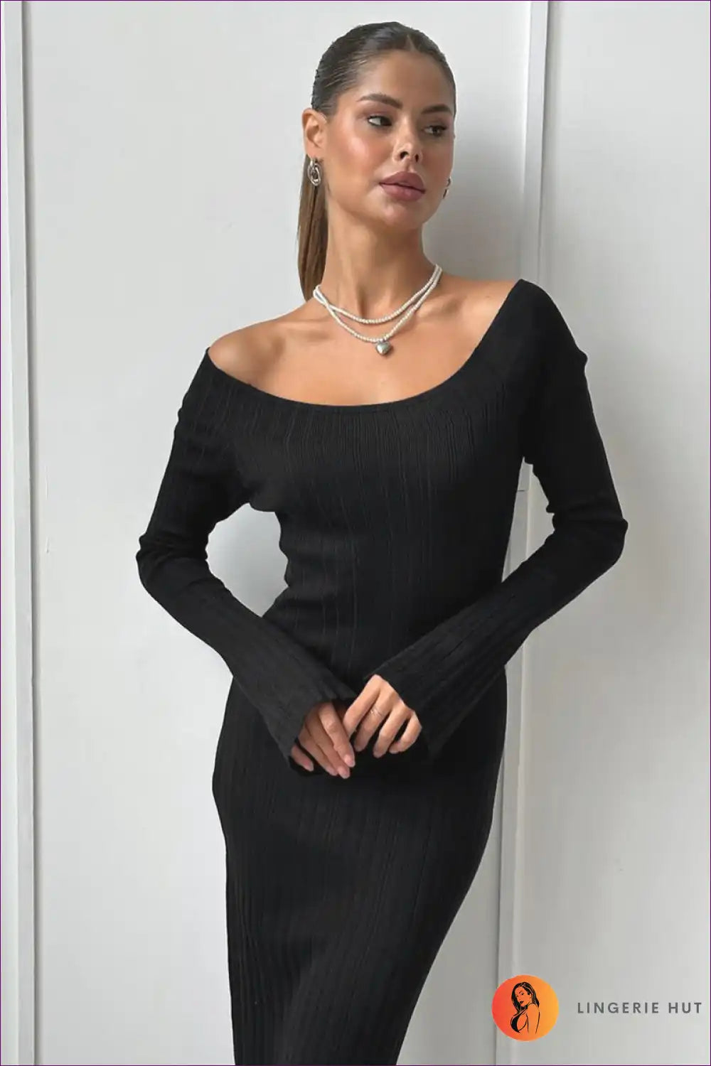 Off Shoulder Ribbed Maxi Dress - Sleek Autumn Evenings for Autumn, Bodycon, Casual, Dresses, Evening Wear