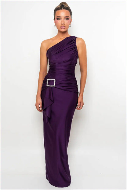 One-shoulder Ruched Maxi Dress with Rhinestone Trim for Bodycon, Evening Wear, Formal Maxi, Party