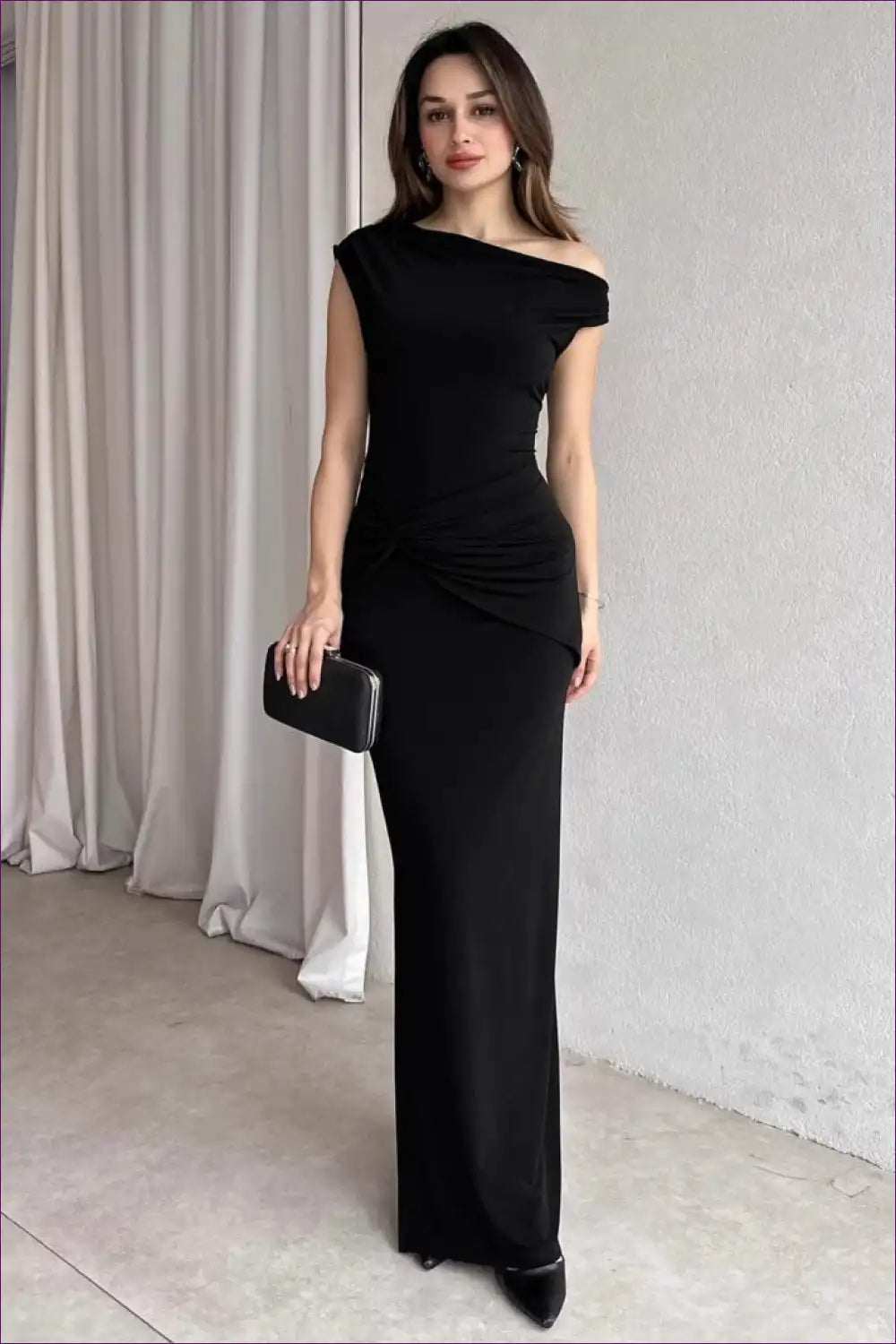 One Shoulder Ruched Maxi Dress with Side Slit for a Line, Date Night, Evening Wear, Formal Glamour