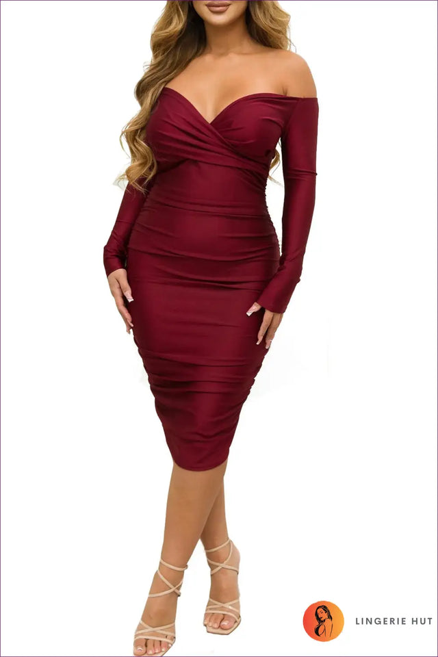 Off-Shoulder Ruched Midi Dress - Understated Glamour