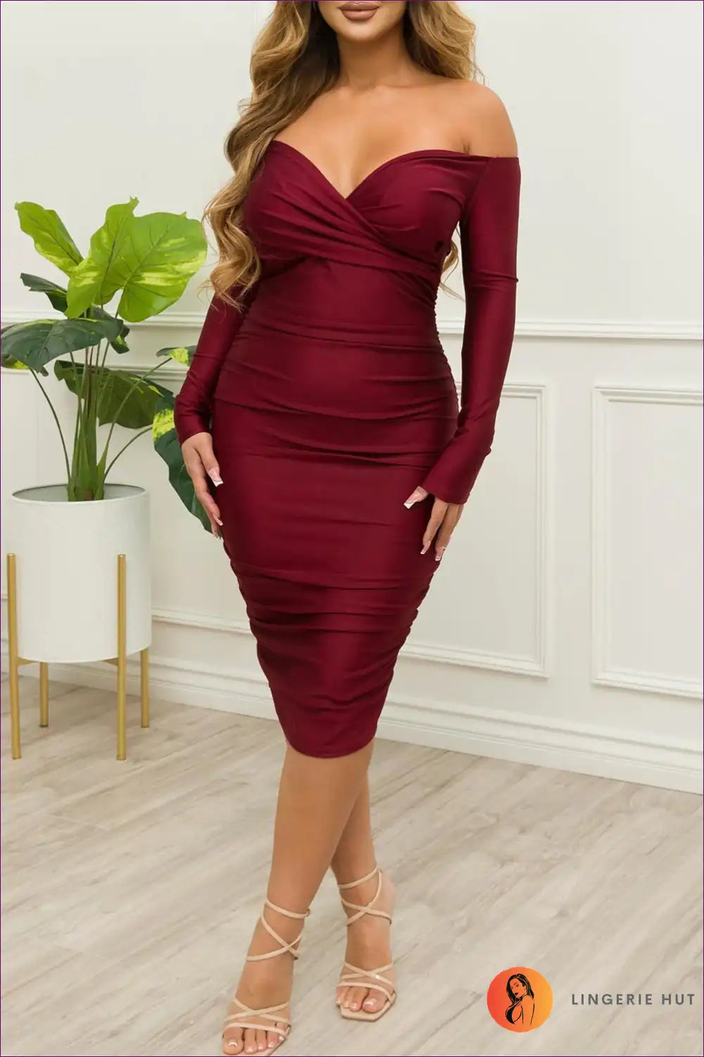 Off-shoulder Ruched Midi - Romantic Evening Wear for Bodycon, Date Night, Evening Wear, Formal