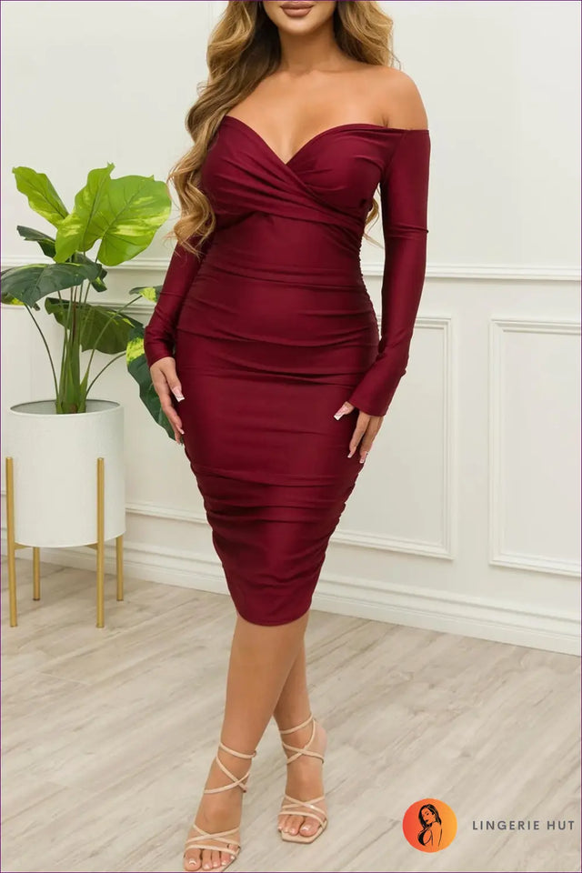 Off-Shoulder Ruched Midi Dress - Understated Glamour