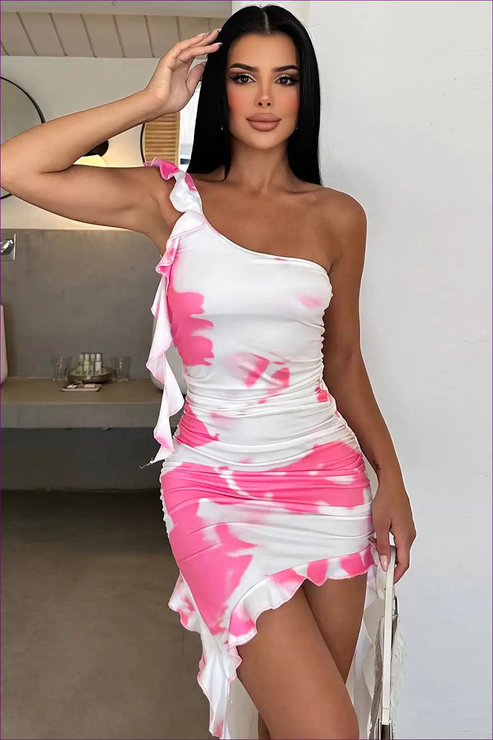 One Shoulder Ruffle Dress with Tie Dye - Playful Party Spirit for Bodycon, Clubwear, Cutout, Date Night,