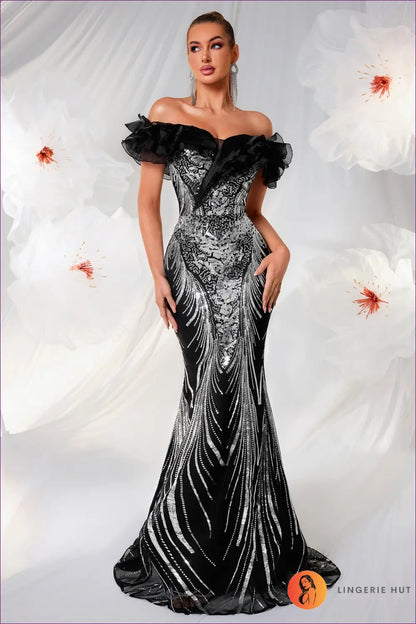 Off-shoulder Ruffle Fishtail Maxi Dress - Sequin Detail - Xs / Black - Backless • Bodycon • Elegant • Fishnet - Ladys