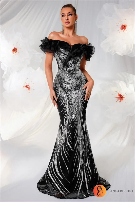 Off-shoulder Ruffle Fishtail Maxi Dress - Sequin Detail - Xs / Black - Backless • Bodycon • Elegant • Fishnet - Ladys