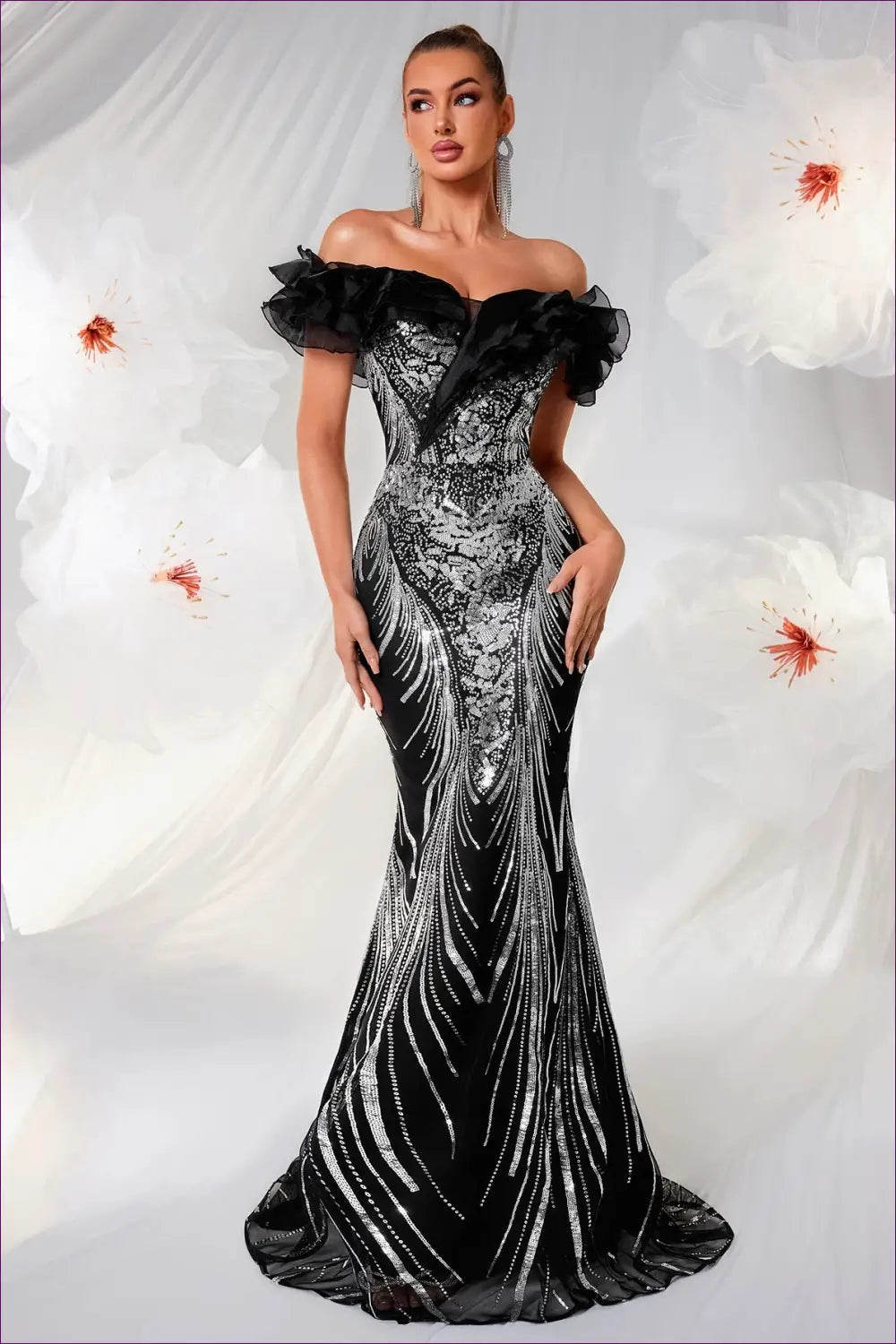 Off-shoulder Ruffle Fishtail Maxi Dress - Sequin Detail - Backless • Bodycon • Elegant • Fishnet - Ladys