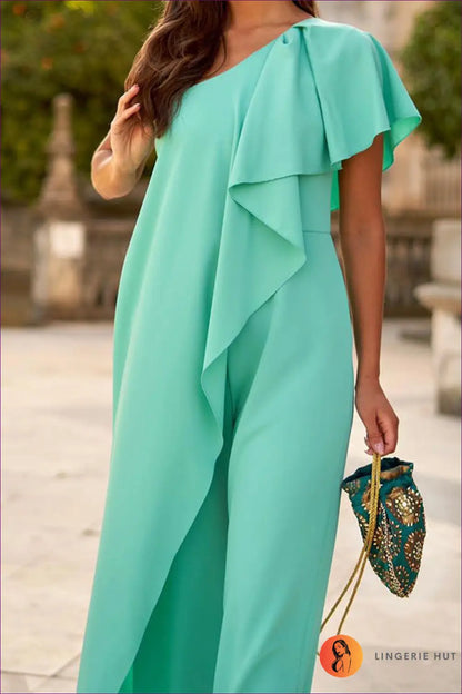 One-shoulder Ruffle Jumpsuit - Summer Evenings Sorted - s / Green - Jumpsuits & Rompers - Lingerie Hut - Bodycon
