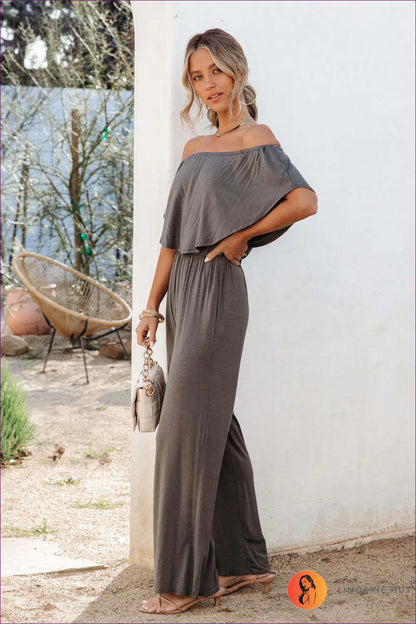 Off-shoulder Ruffle Jumpsuit - Understated Glamour - s / Gray - Jumpsuits & Rompers - Lingerie Hut - All Season