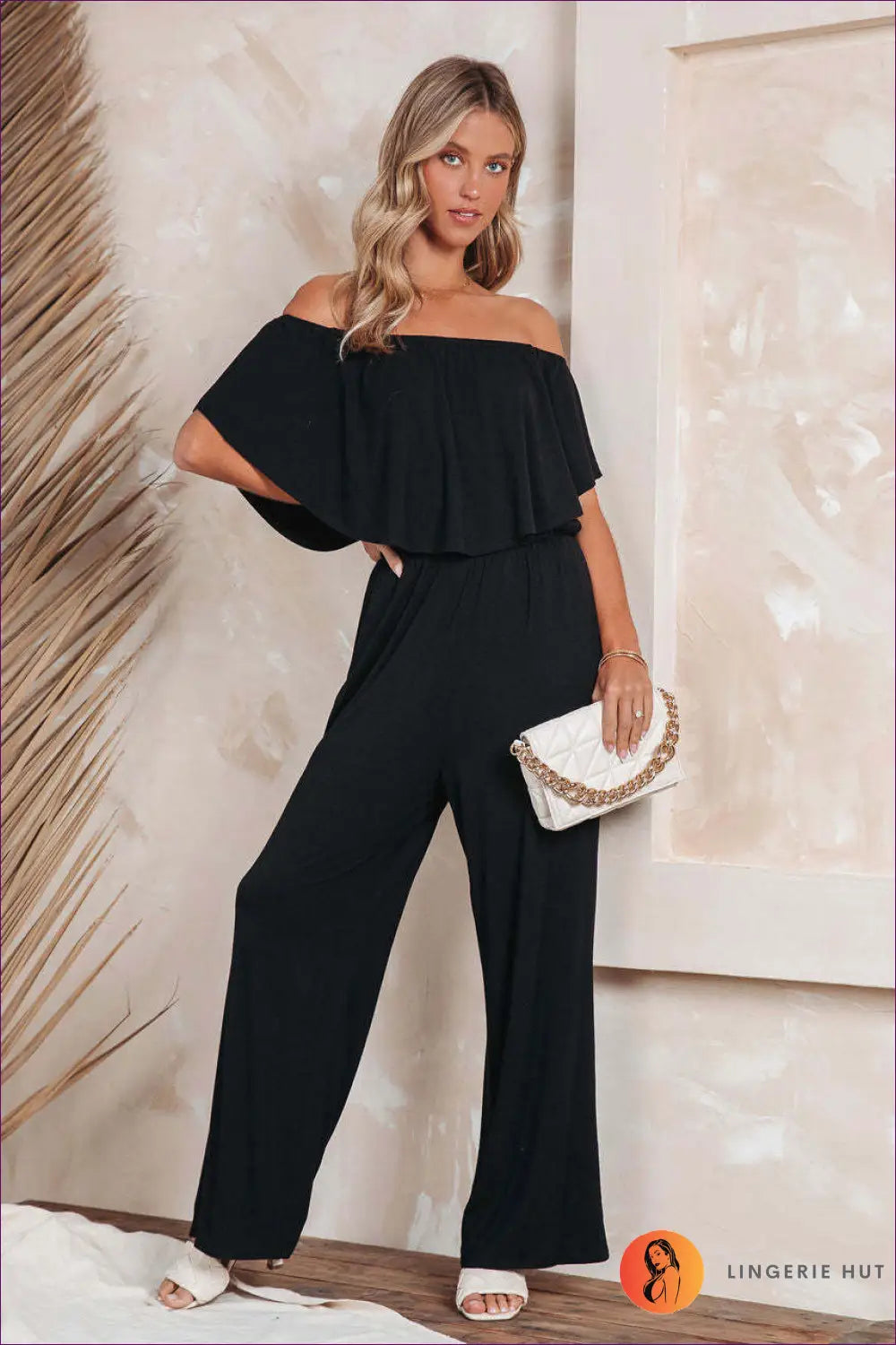 Off-shoulder Ruffle Jumpsuit - Understated Glamour - s / Black - Jumpsuits & Rompers - Lingerie Hut - All Season