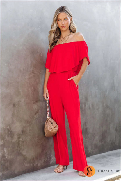 Off-shoulder Ruffle Jumpsuit - Understated Glamour - s / Red - Jumpsuits & Rompers - Lingerie Hut - All Season • Casual