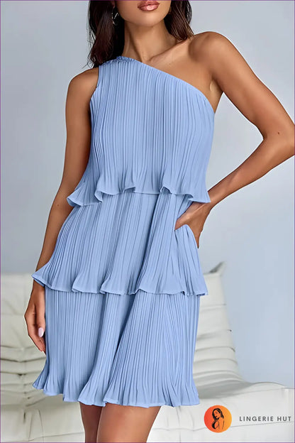One-shoulder Ruffle Mini Dress - Effortless Summer Glamour - s / Blue - Dresses - Casual • Evening Wear • Lingerie Hut