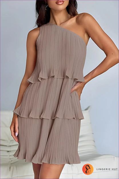 One-shoulder Ruffle Mini Dress - Effortless Summer Glamour - s / Khaki - Dresses - Casual • Evening Wear • Lingerie Hut