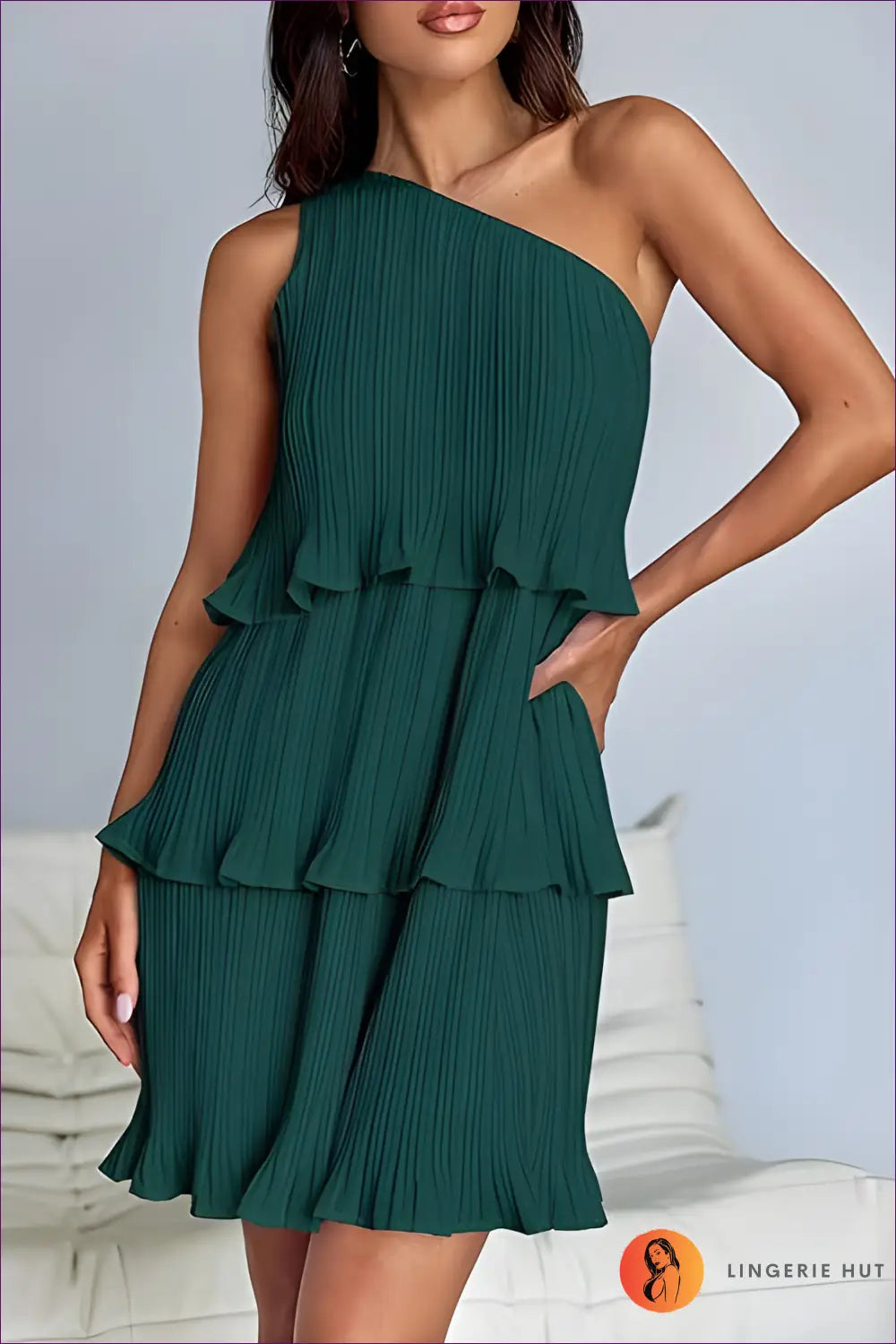 One-shoulder Ruffle Mini Dress - Effortless Summer Glamour - s / Green - Dresses - Casual • Evening Wear • Lingerie Hut