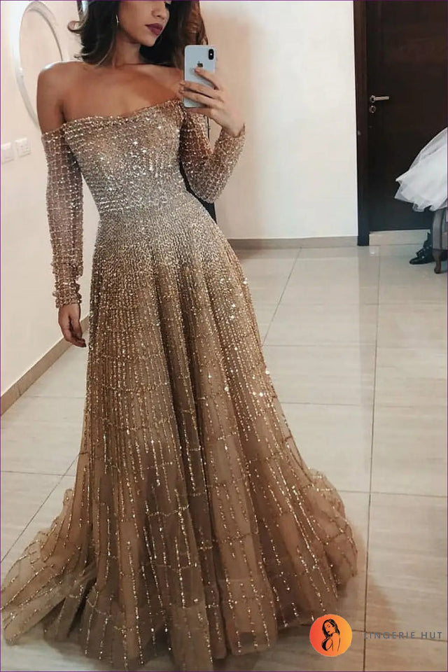 Off Shoulder Sequin Maxi Dress - Understated Glamour