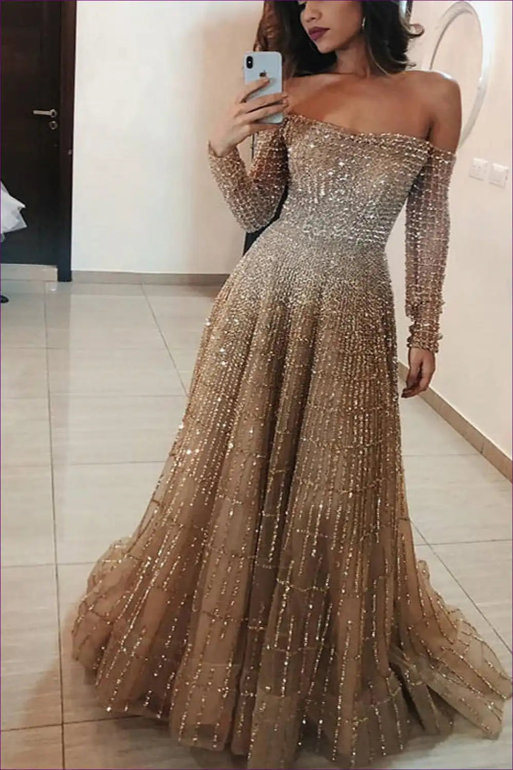 Off Shoulder Sequin Gown with Long Sleeves - Formal for A-line, Evening Wear, Formal Glamour,