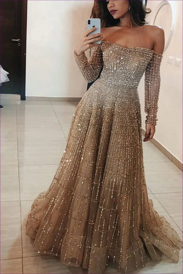 Off Shoulder Sequin Maxi Dress - Understated Glamour