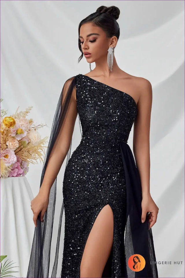 One Shoulder Sequin Maxi Dress with High Slit - Gala Ready