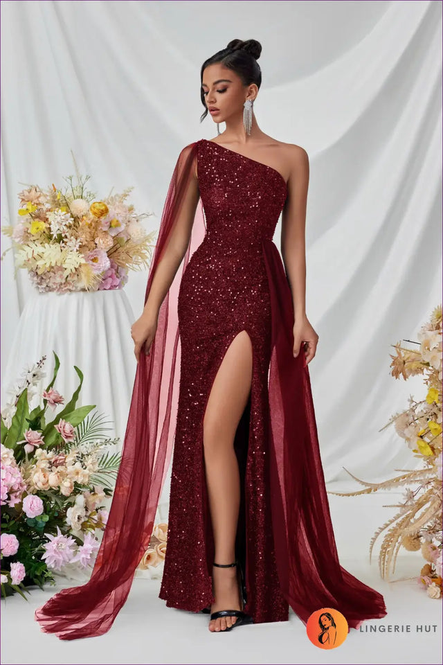 One Shoulder Sequin Maxi Dress with High Slit - Gala Ready