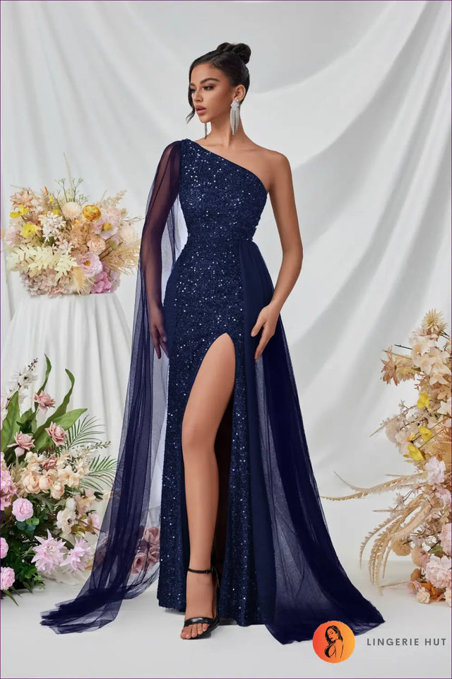 One Shoulder Sequin Maxi Dress with High Slit - Gala Ready