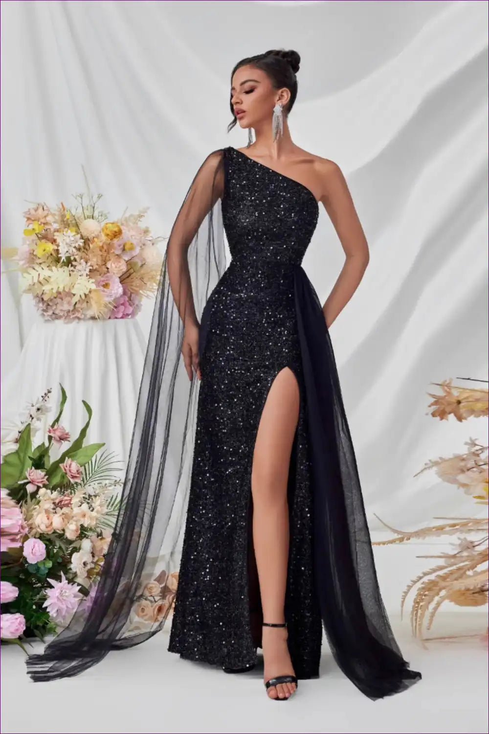 One Shoulder Sequin Maxi Dress with High Slit - Gala Ready for Evening Wear, Formal Glamour, just In,