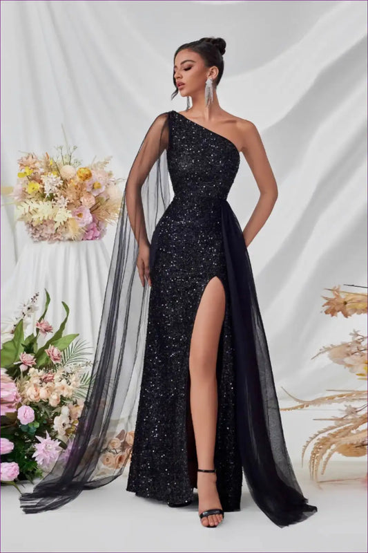 One Shoulder Sequin Maxi Dress with High Slit - Gala Ready for Evening Wear, Formal Glamour, just In,