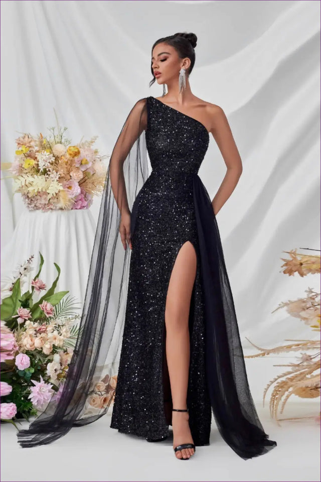 One Shoulder Sequin Maxi Dress with High Slit - Gala Ready