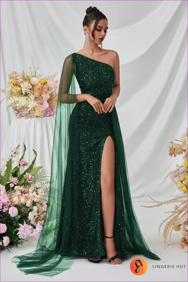 One Shoulder Sequin Maxi Dress with High Slit - Gala Ready