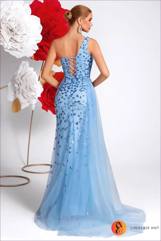 One-Shoulder Sequin Maxi Dress - Tulle Train