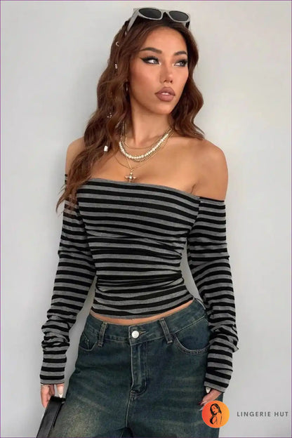 Off Shoulder Stripe Long Sleeve Top - Vintage Cool for Autumn, Casual, Everyday, just In, Polyester