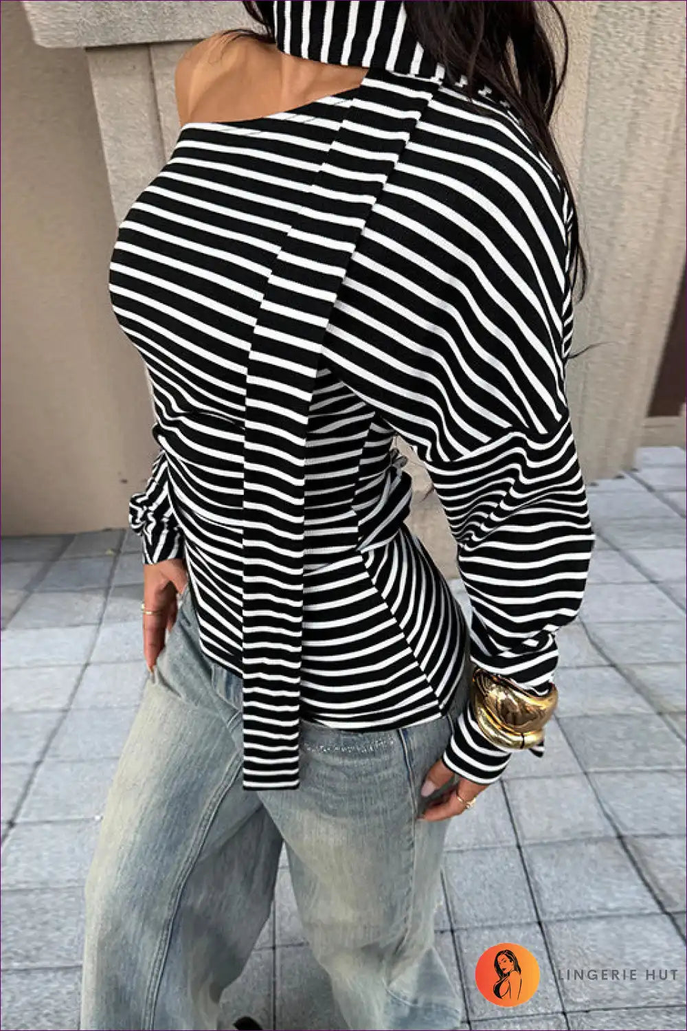 One-shoulder Striped Long Sleeve Tee - Cool Off-duty Energy for Casual, Everyday, Polyester, Spring