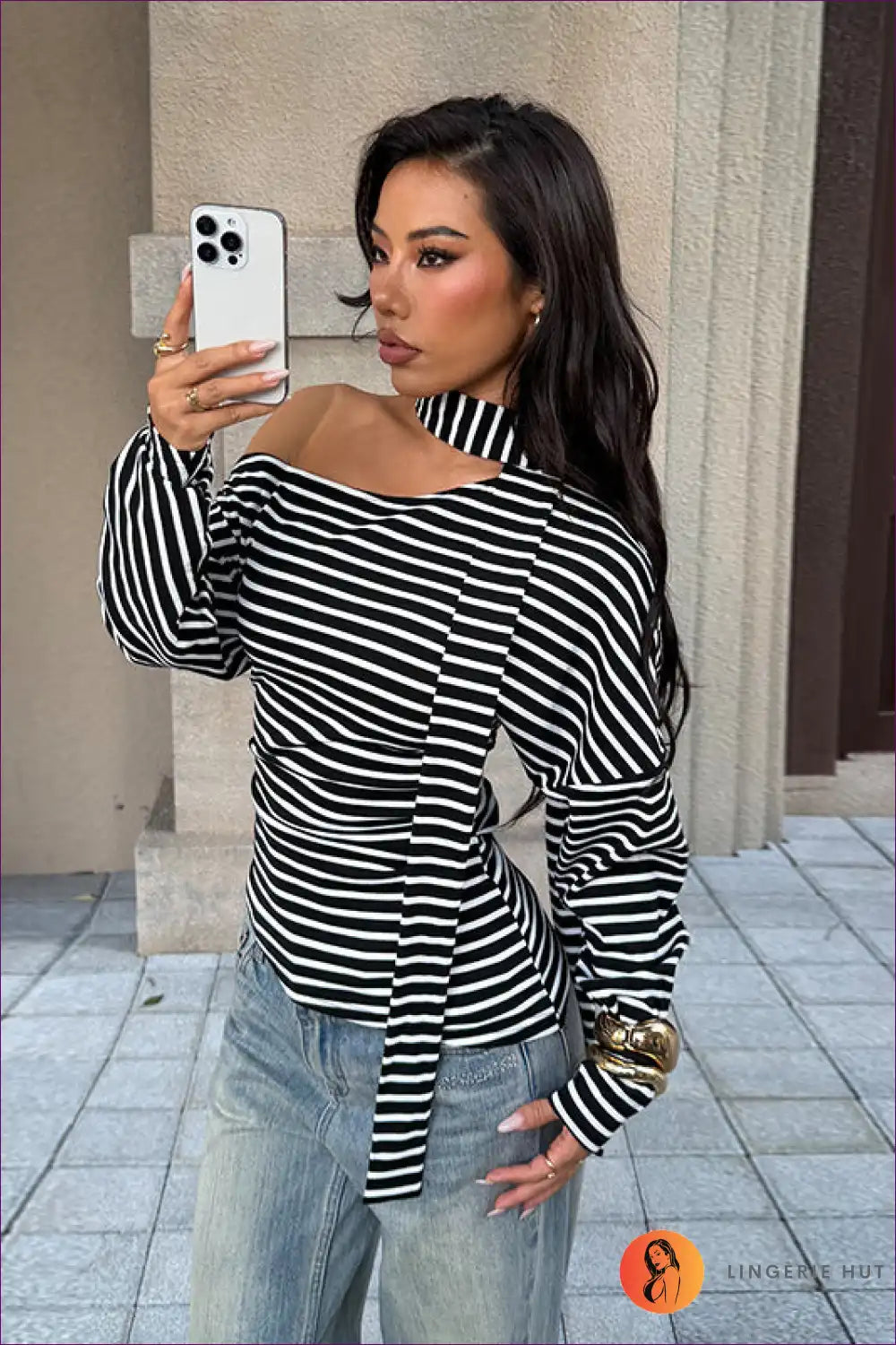 One-shoulder Striped Long Sleeve Tee - Cool Off-duty Energy for Casual, Everyday, Polyester, Spring