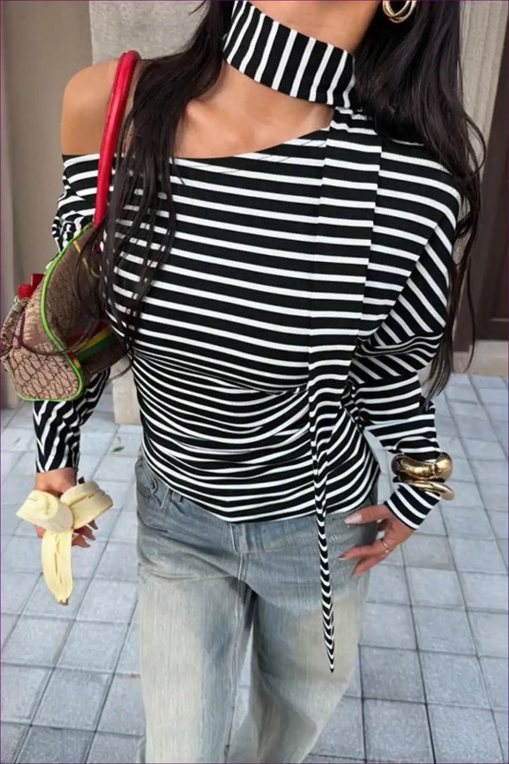 One-shoulder Striped Long Sleeve Tee - Cool Off-duty Energy for Casual, Everyday, Polyester, Spring