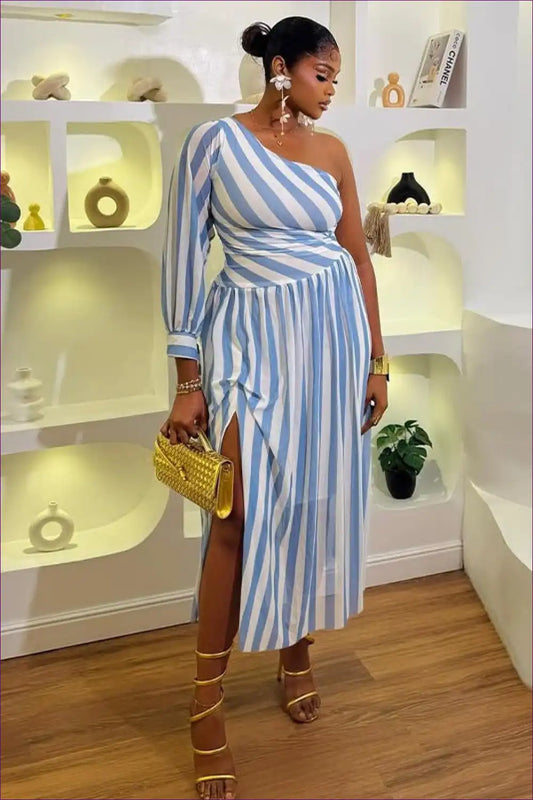 One Shoulder Striped Midi Dress with Side Split - Artful Daytime Ease for A-line, Casual, Dress, Dresses,