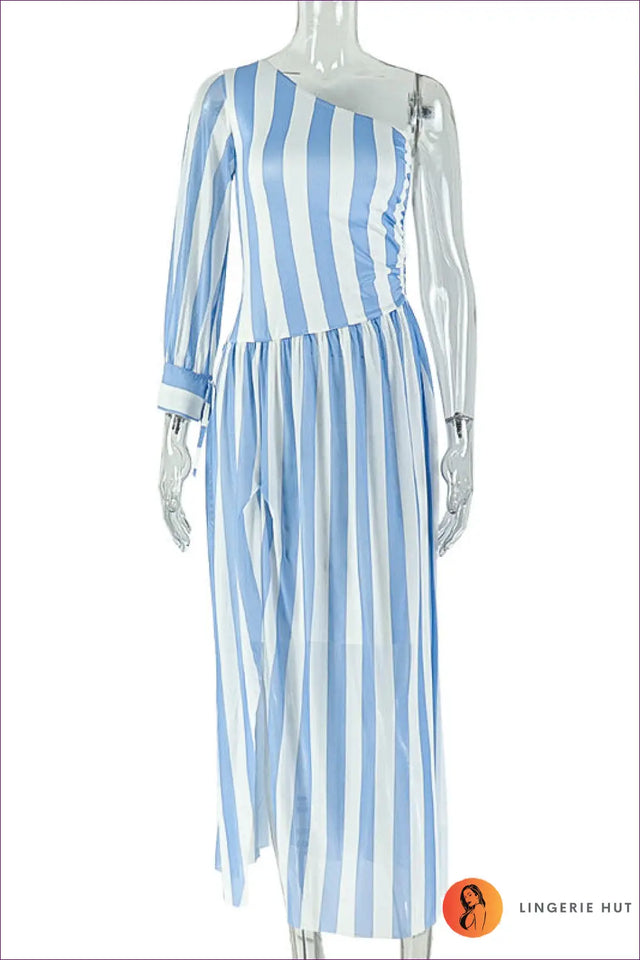 One Shoulder Striped Midi Dress with Side Split - Artful Daytime Ease