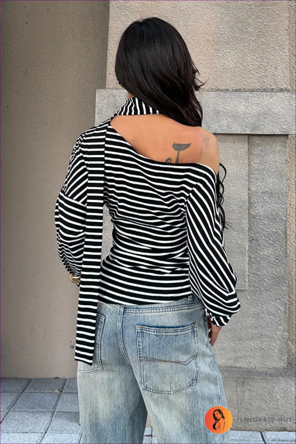 One-shoulder Striped Top - Effortless Everyday Cool - Lingerie Hut - All Season • Autumn • Casual • Crop • Cutout