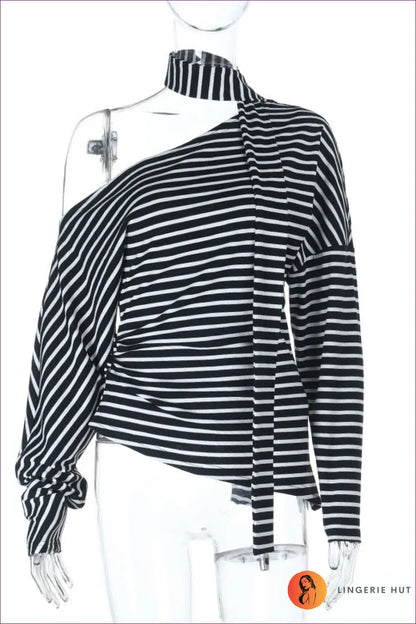 One-shoulder Striped Top - Effortless Everyday Cool - Xs / Black White - Lingerie Hut - All Season • Autumn • Casual