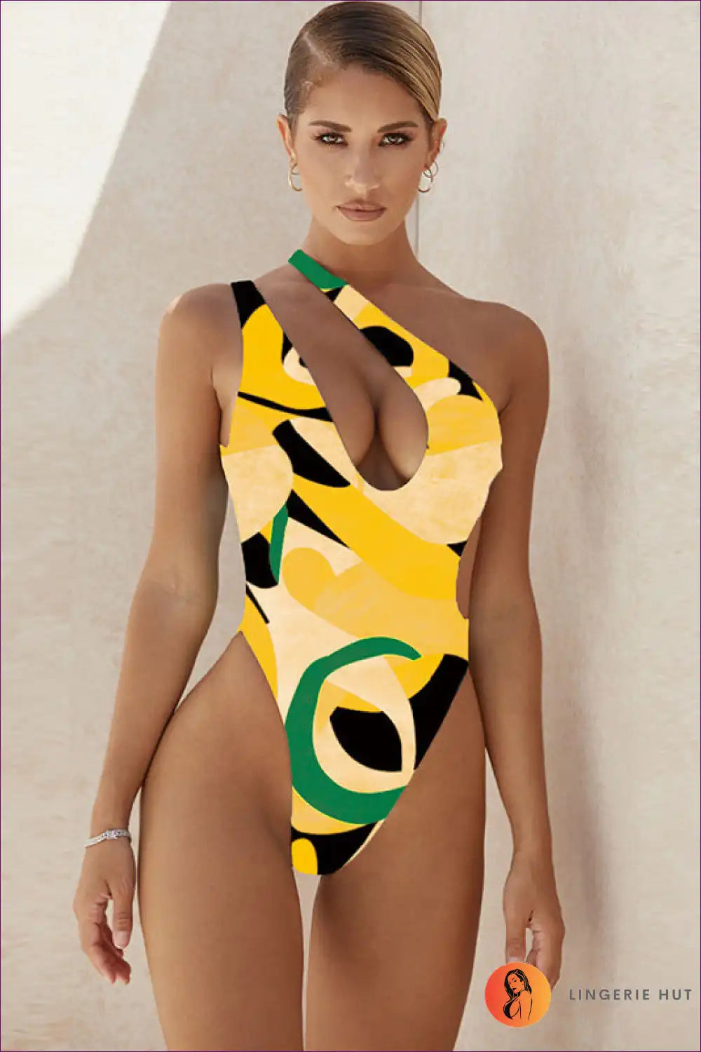 One Shoulder Swimsuit with Geometric Print - Confident Poolside Energy for Backless, Beachwear, Casual,