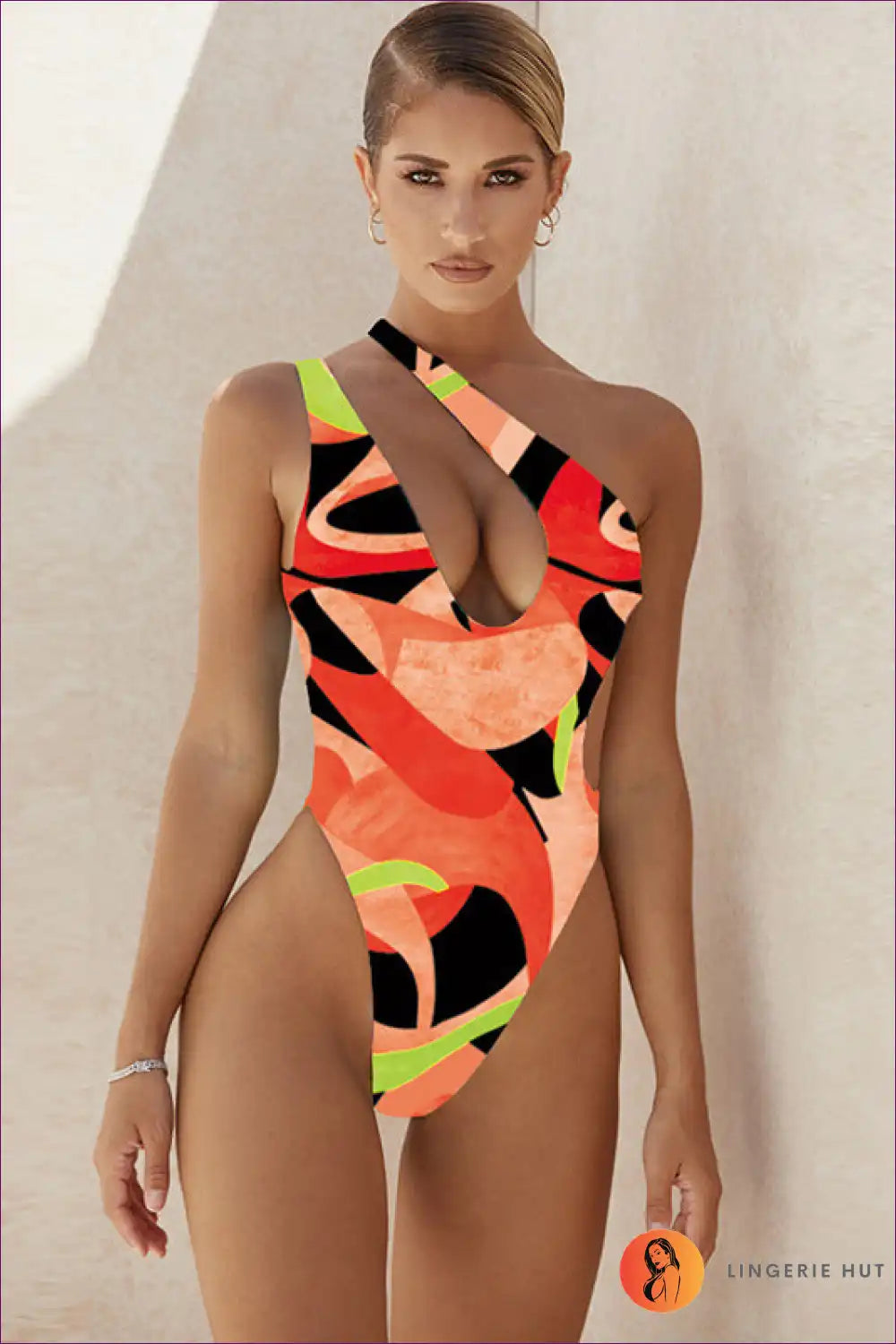 One Shoulder Swimsuit with Geometric Print - Confident Poolside Energy for Backless, Beachwear, Casual,