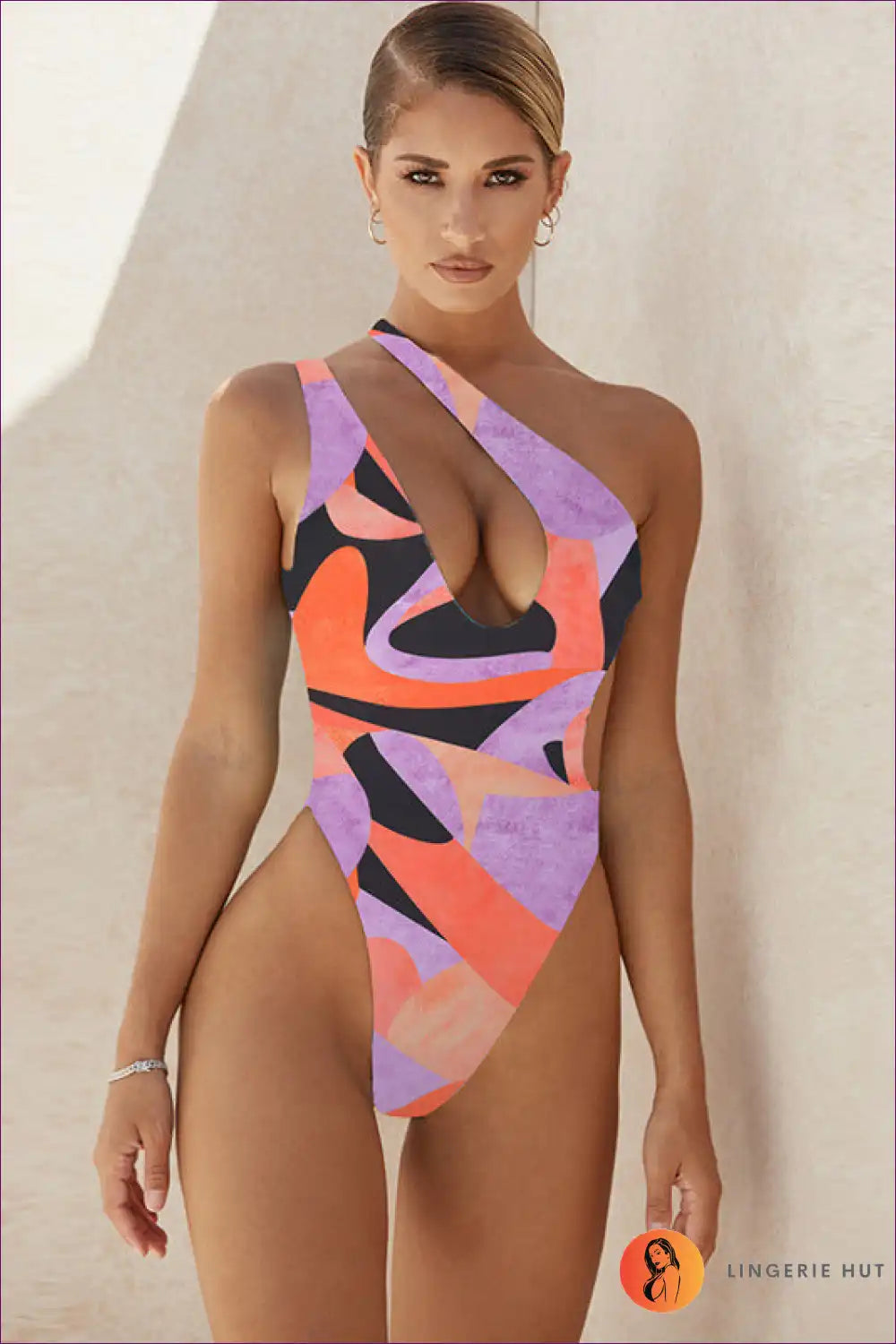 One Shoulder Swimsuit with Geometric Print - Confident Poolside Energy for Backless, Beachwear, Casual,