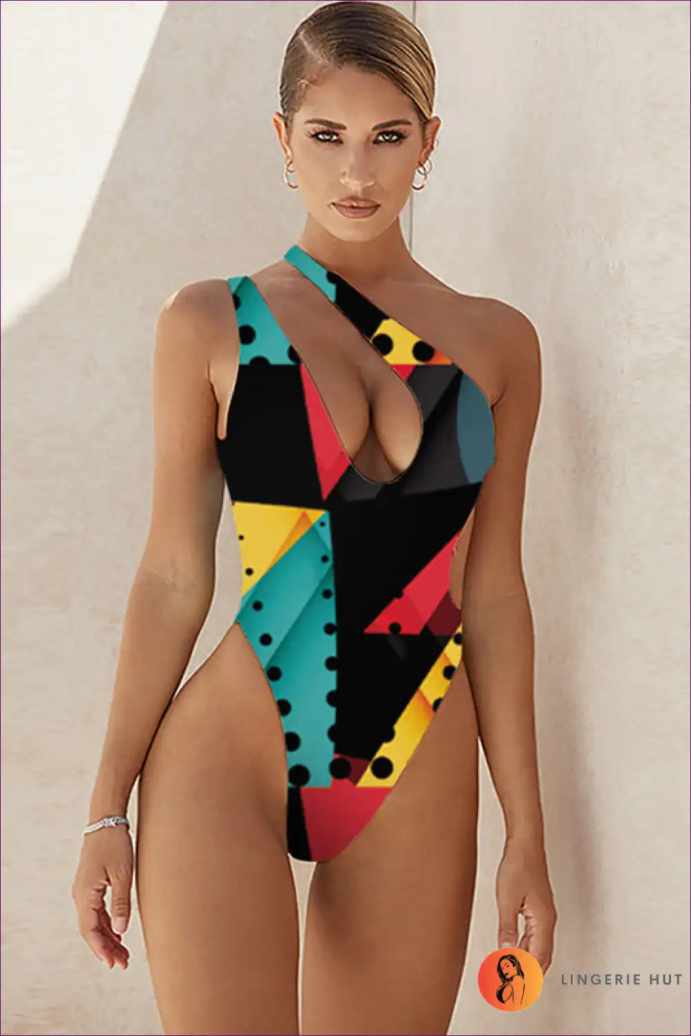 One Shoulder Swimsuit with Geometric Print - Confident Poolside Energy for Backless, Beachwear, Casual,