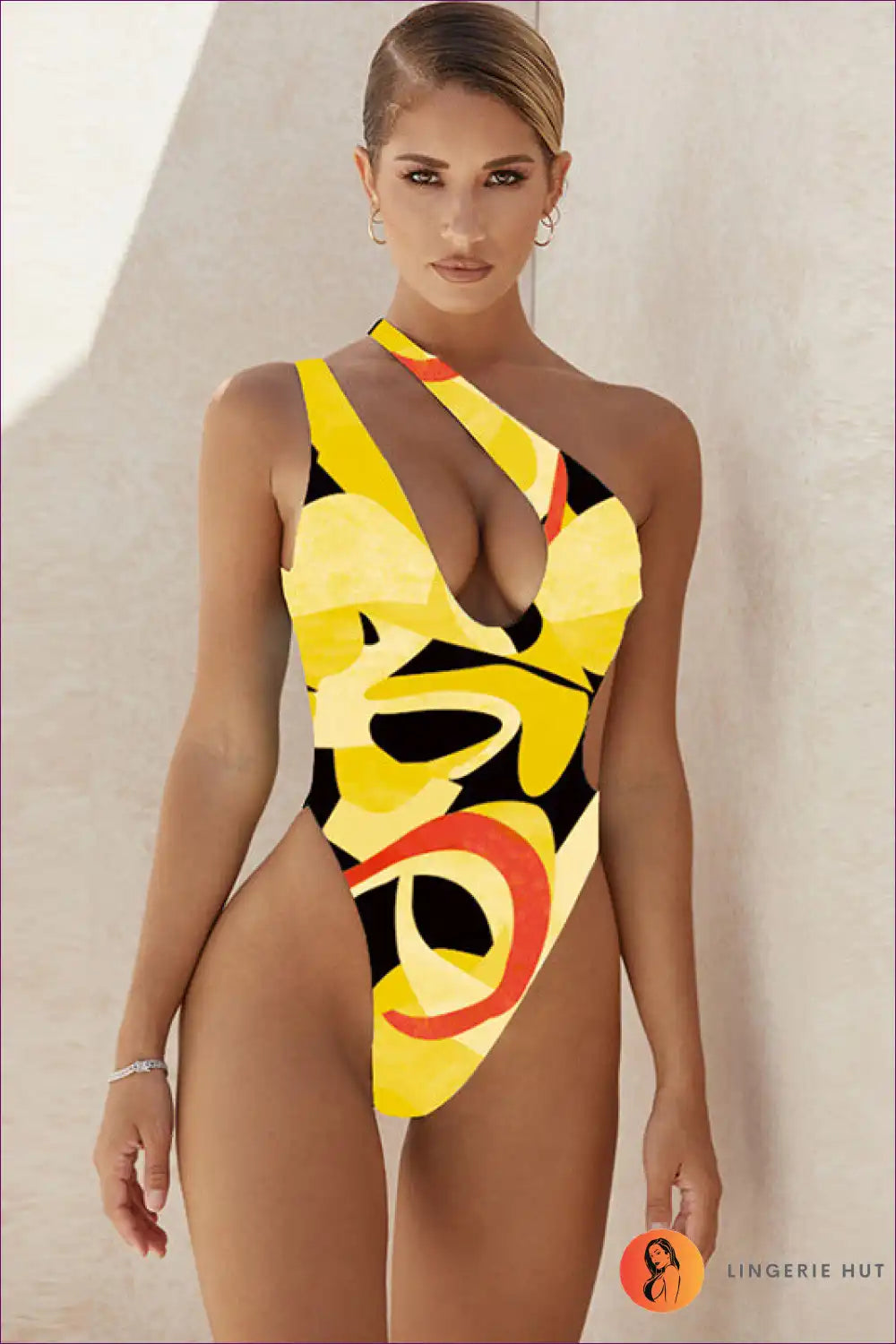 One Shoulder Swimsuit with Geometric Print - Confident Poolside Energy for Backless, Beachwear, Casual,