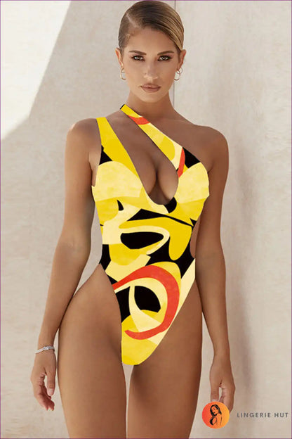 One Shoulder Swimsuit with Geometric Print - Confident Poolside Energy for Backless, Beachwear, Casual,