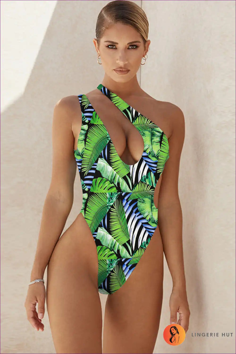 One Shoulder Swimsuit with Geometric Print - Confident Poolside Energy for Backless, Beachwear, Casual,