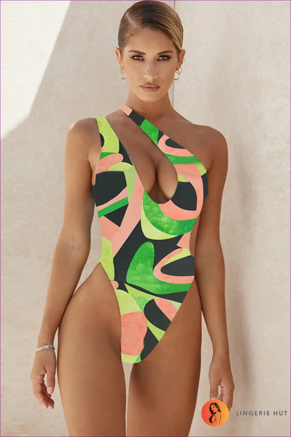 One Shoulder Swimsuit with Geometric Print - Confident Poolside Energy for Backless, Beachwear, Casual,
