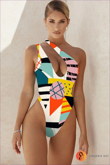One Shoulder Swimsuit with Geometric Print - Confident Poolside Energy for Backless, Beachwear, Casual,