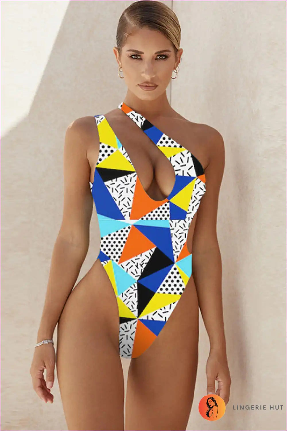 One Shoulder Swimsuit with Geometric Print - Confident Poolside Energy for Backless, Beachwear, Casual,