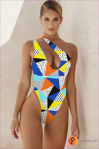 One Shoulder Swimsuit with Geometric Print - Confident Poolside Energy for Backless, Beachwear, Casual,