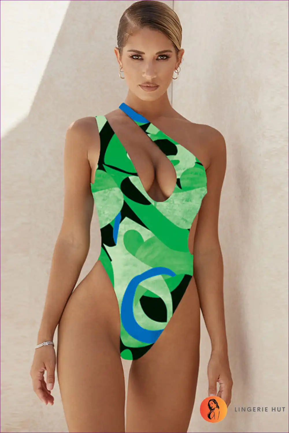 One Shoulder Swimsuit with Geometric Print - Confident Poolside Energy for Backless, Beachwear, Casual,